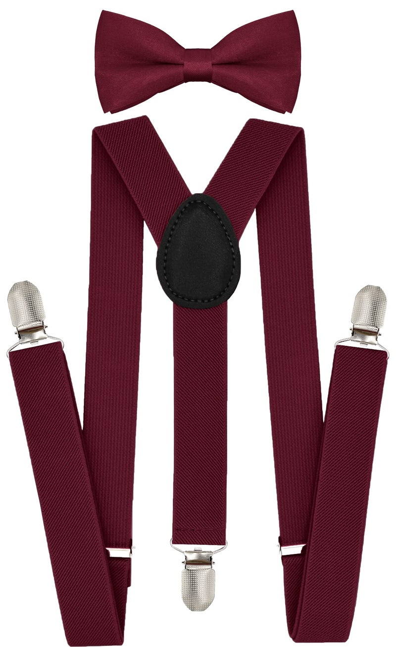 trilece Burgundy Suspenders and Bowtie Set for Boys, Kids, Girls, Toddlers, Baby,Adjustable Elastic 1 inch Wide Y Shape,Heavy Duty Strong Clips (6 Years to 5 Feet, Burgundy) - Image 1